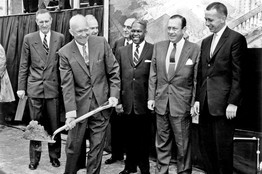 The original groundbreaking ceremony at Lincoln Center provides a roster of famous names. From left, John D. Rockefeller III, President Dwight D. Eisenhower, David M. Keisor, Robert Moses, Hulan Jack, Robert F. Wagner and Malcolm Wilson. PHOTO BY BOB SERATING