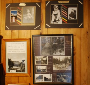 Top right photo is of the sculpture as a child and an adult. Lower right are photographs of the log cabin Korzcak built by hand when he arrived to being work in 1947.